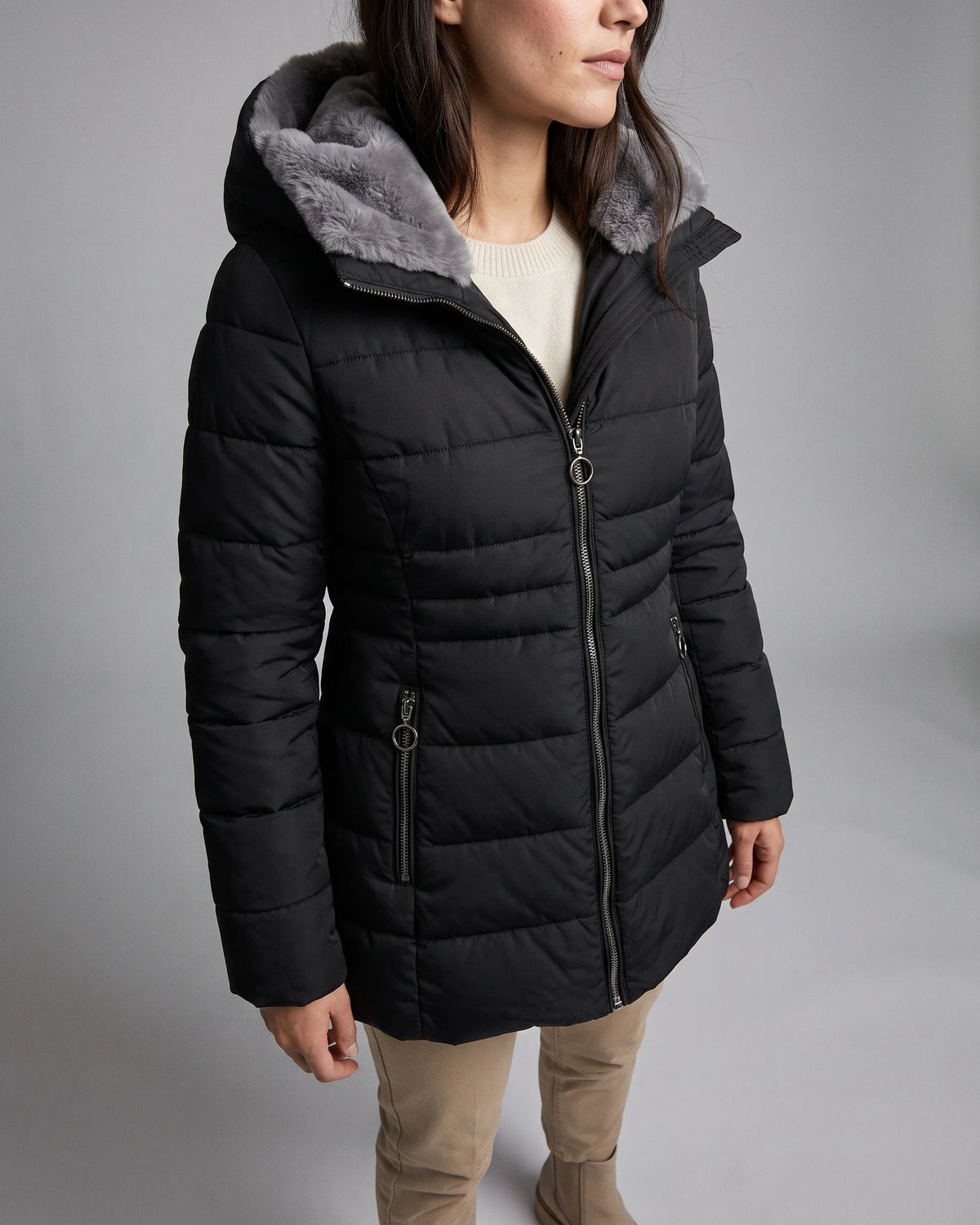 Women's Puffer Jacket with Hood, Faux Fur Trim and Zip Pockets – Aria