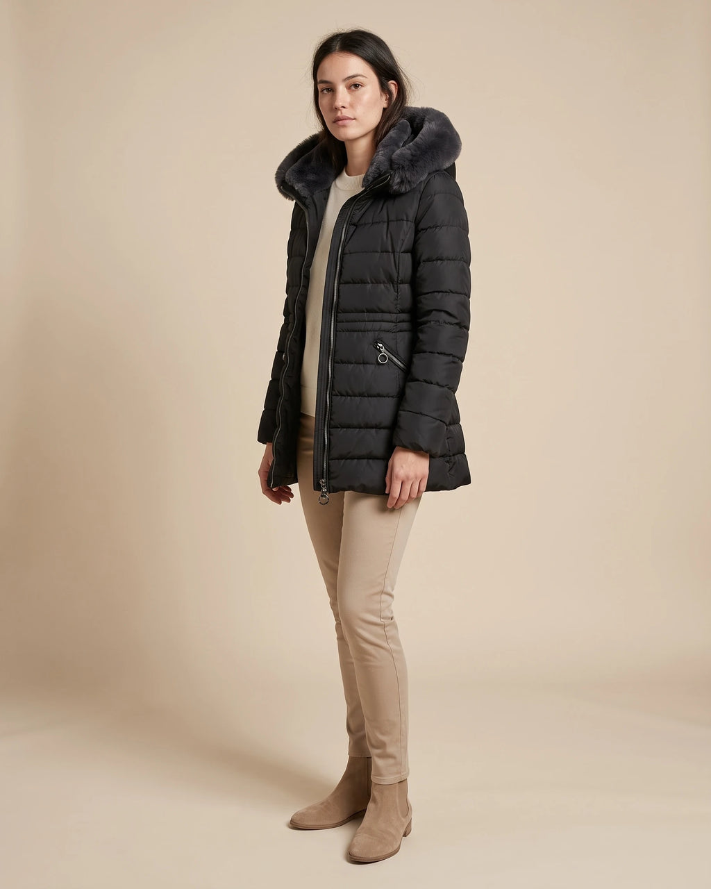 Women's Puffer Jacket with Hood, Faux Fur Trim and Zip Pockets – Aria
