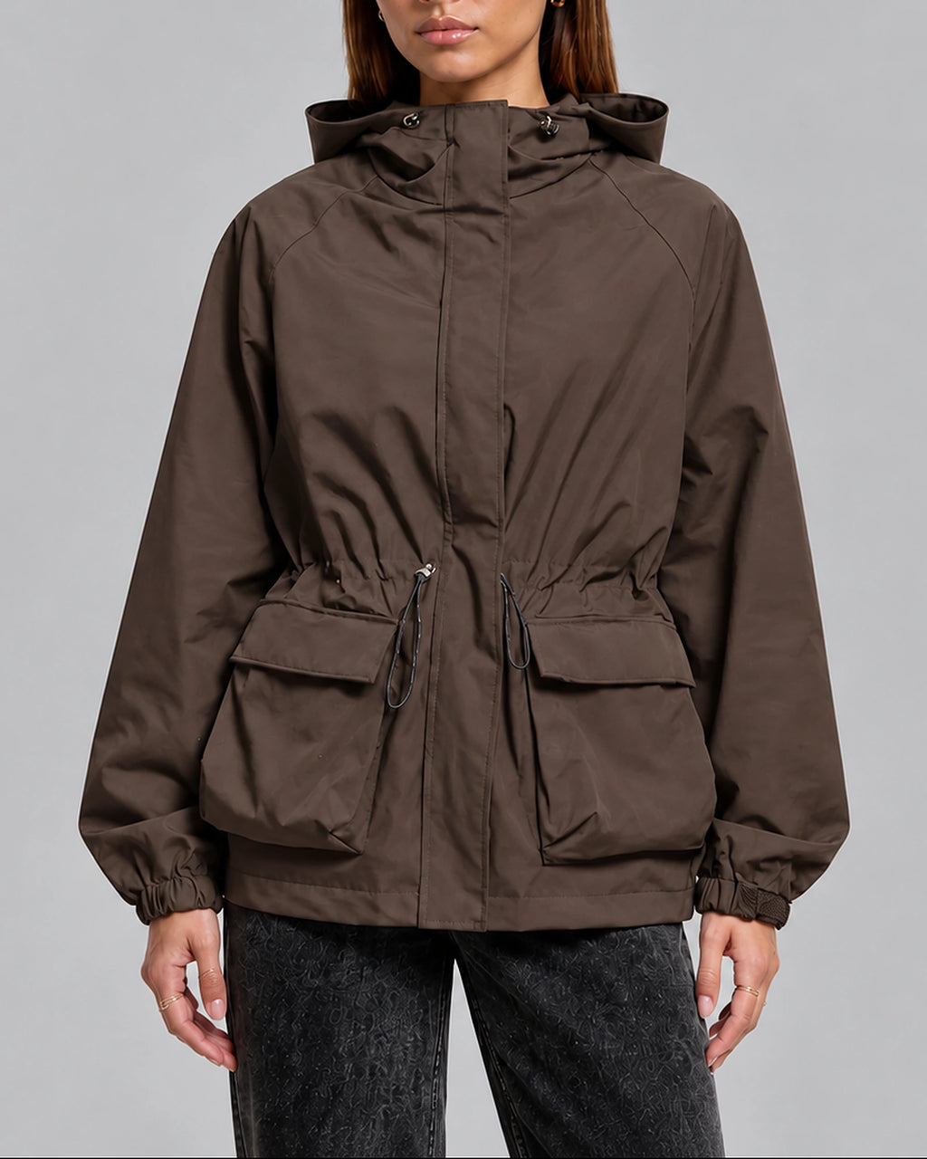 Women's Rain Jacket with Hood, Drawstring Waist and Flap Pockets, Waterproof – Jade