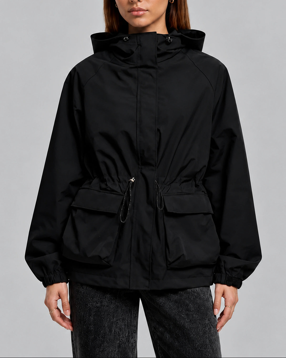 Women's Rain Jacket with Hood, Drawstring Waist and Flap Pockets, Waterproof – Jade