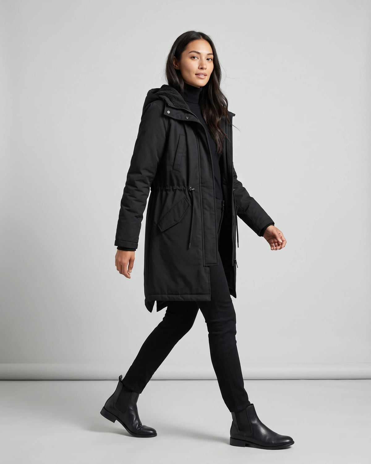 Women's Hooded Winter Coat Sherpa Lined Longline Parka with Drawstring Waist and Flap Pockets