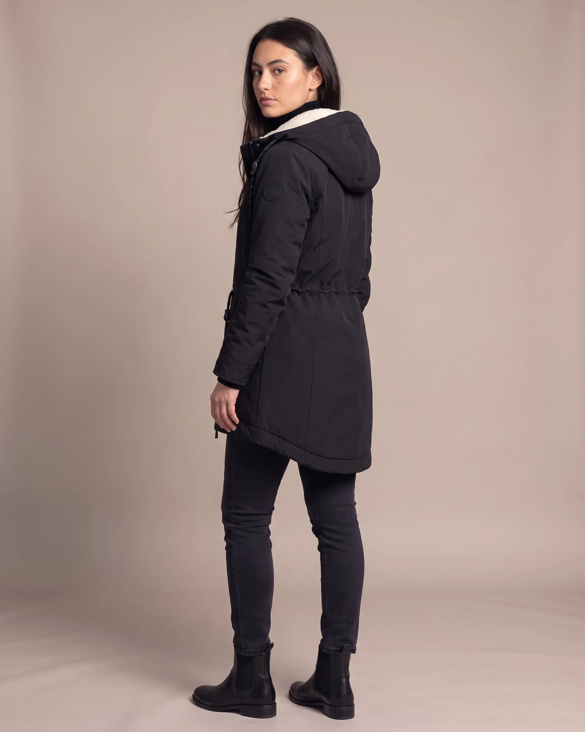 Women's Hooded Winter Coat Sherpa Lined Longline Parka with Drawstring Waist and Flap Pockets