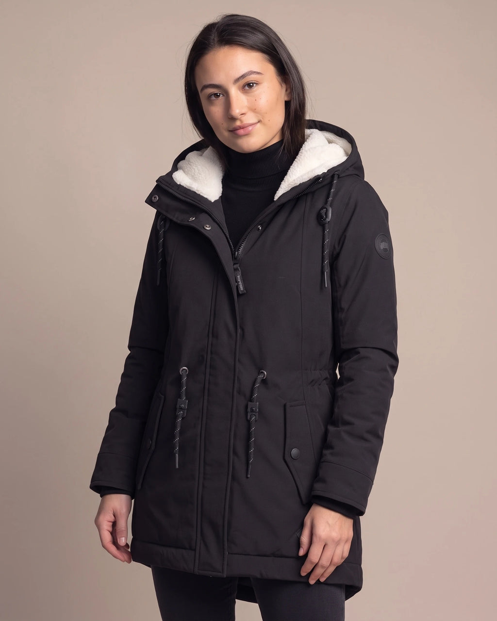 Women's Hooded Winter Coat Sherpa Lined Longline Parka with Drawstring Waist and Flap Pockets
