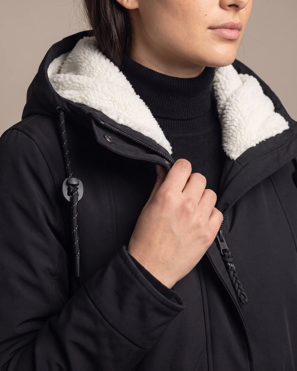 Women's Hooded Winter Coat Sherpa Lined Longline Parka with Drawstring Waist and Flap Pockets