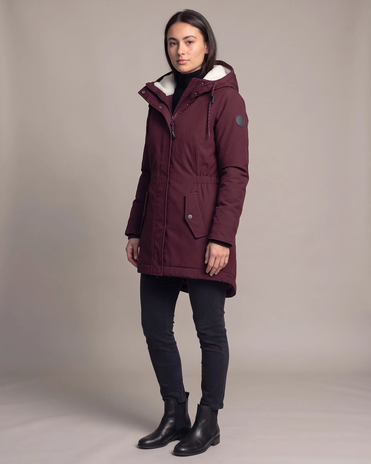 Women's Hooded Winter Coat Sherpa Lined Longline Parka with Drawstring Waist and Flap Pockets