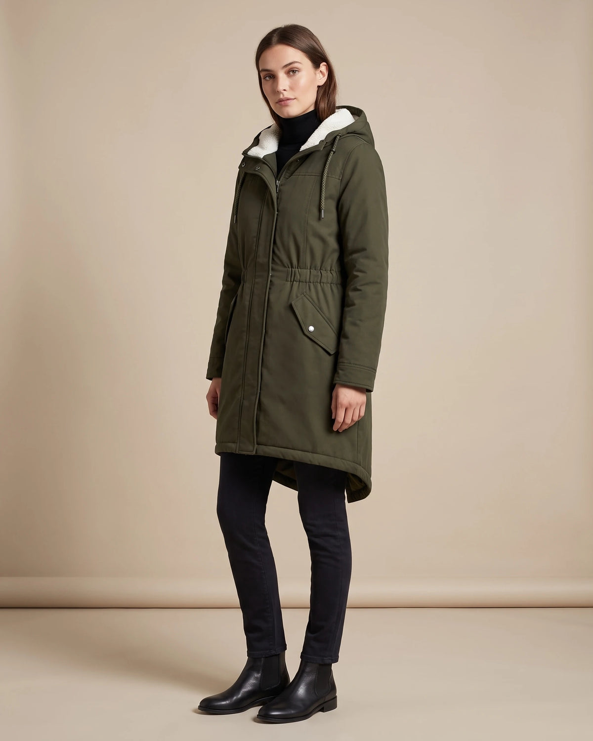 Women's Hooded Winter Coat Sherpa Lined Longline Parka with Drawstring Waist and Flap Pockets