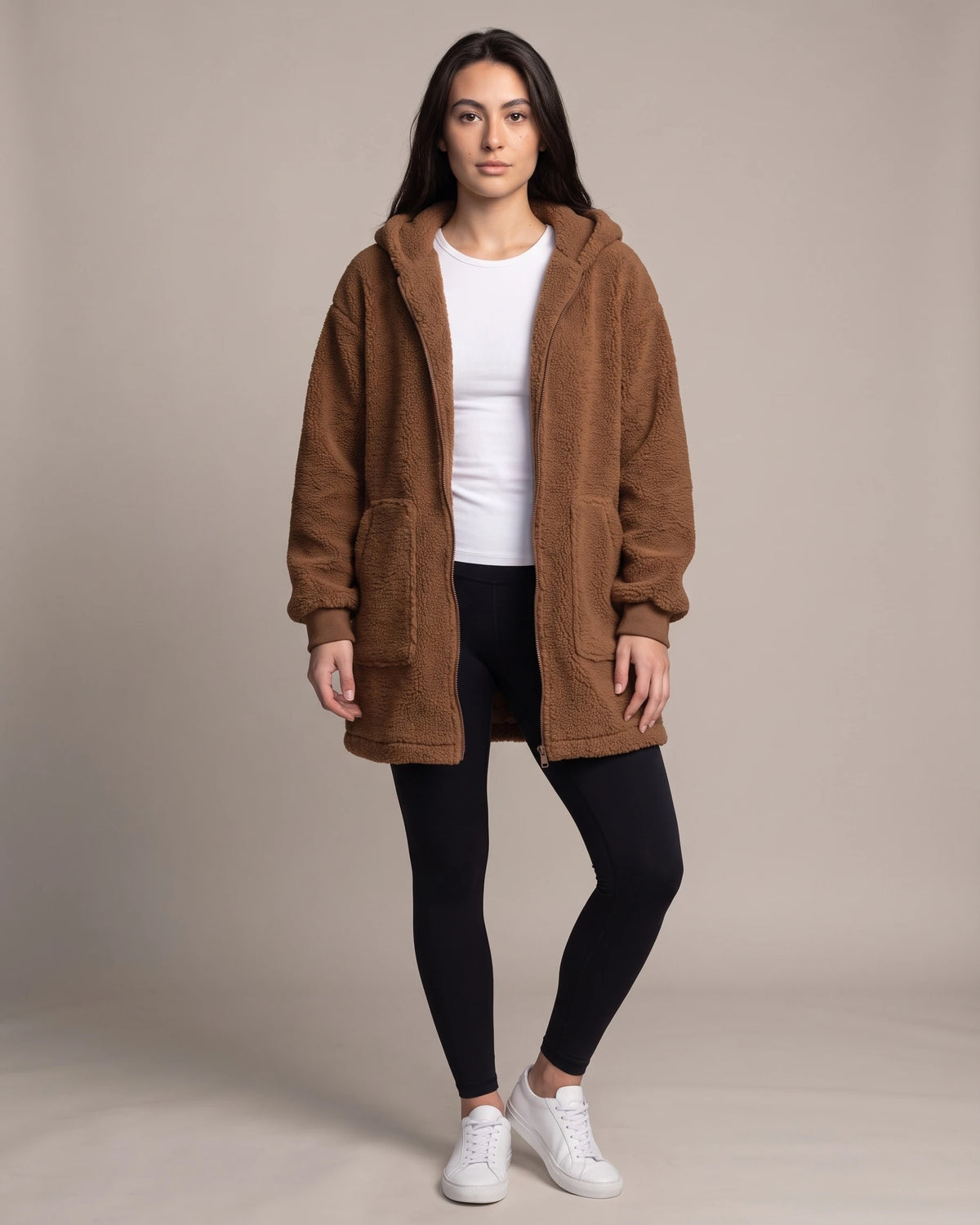 Women's Fluffy Hooded Coat in Teddy Fleece with Ribbed Cuffs and Twin Pockets
