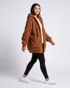 Women's Fluffy Hooded Coat in Teddy Fleece with Ribbed Cuffs and Twin Pockets