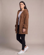 Women's Fluffy Hooded Coat in Teddy Fleece with Ribbed Cuffs and Twin Pockets
