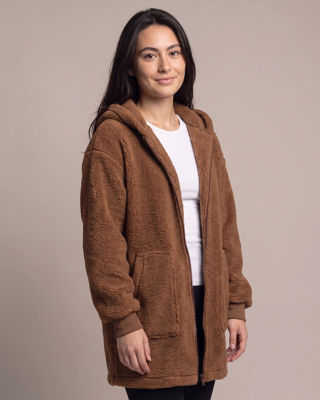 Women's Fluffy Hooded Coat in Teddy Fleece with Ribbed Cuffs and Twin Pockets