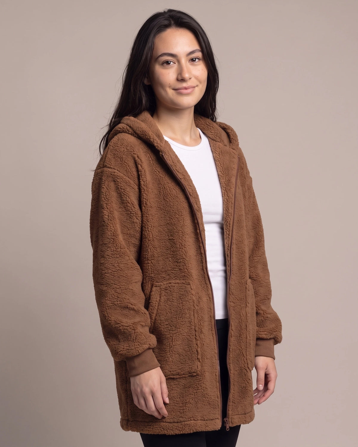 Women's Fluffy Hooded Coat in Teddy Fleece with Ribbed Cuffs and Twin Pockets