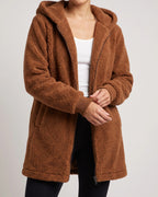 Women's Fluffy Hooded Coat in Teddy Fleece with Ribbed Cuffs and Twin Pockets