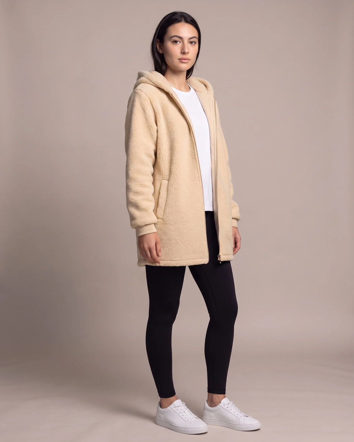Women's Fluffy Hooded Coat in Teddy Fleece with Ribbed Cuffs and Twin Pockets