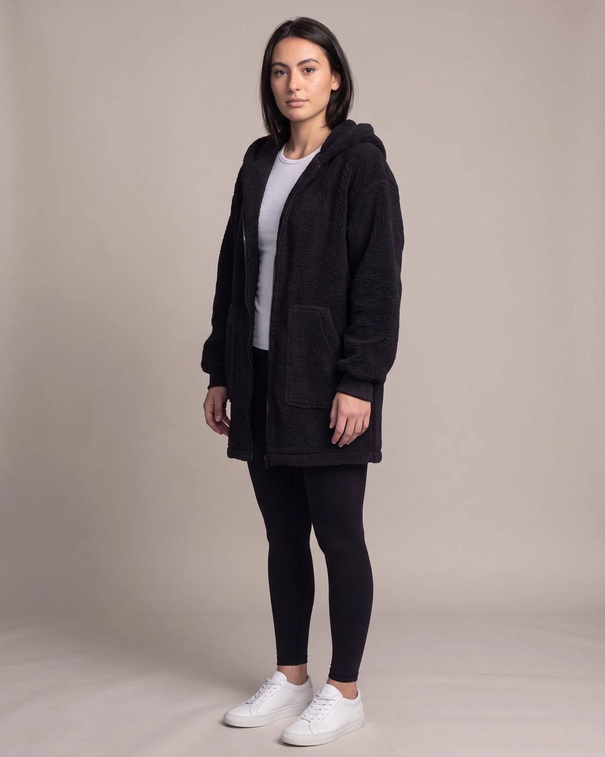 Women's Fluffy Hooded Coat in Teddy Fleece with Ribbed Cuffs and Twin Pockets
