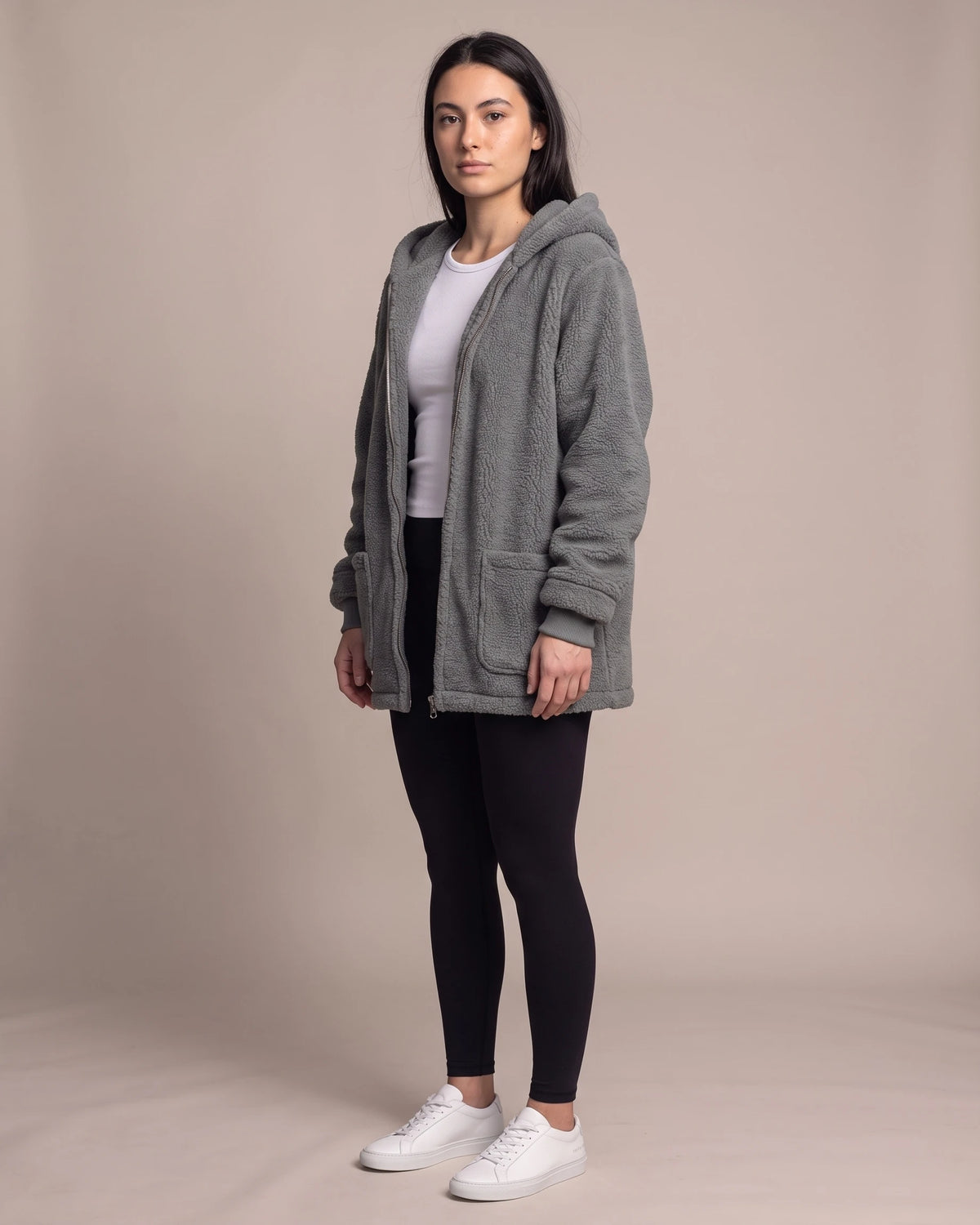 Women's Fluffy Hooded Coat in Teddy Fleece with Ribbed Cuffs and Twin Pockets