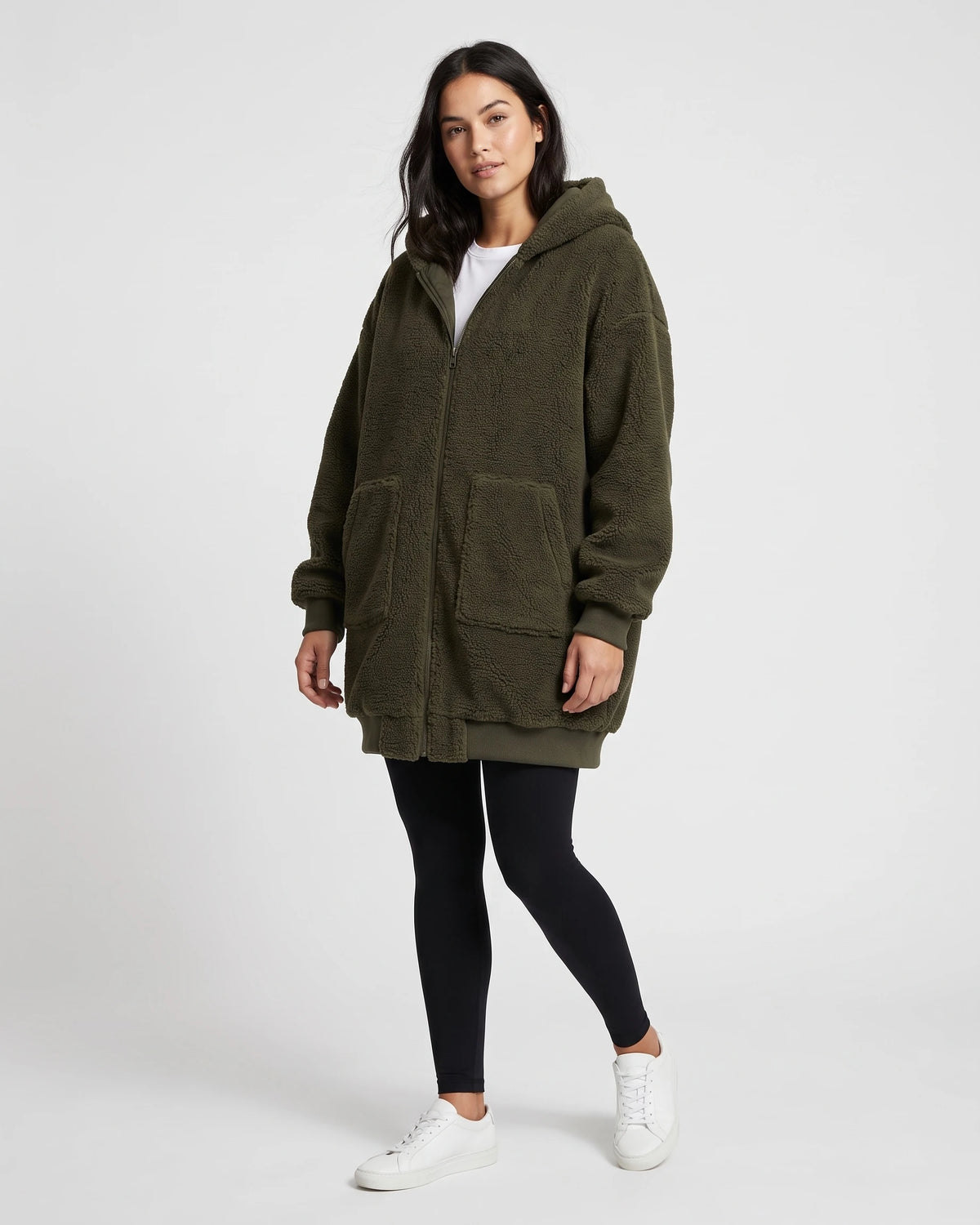 Women's Fluffy Hooded Coat in Teddy Fleece with Ribbed Cuffs and Twin Pockets