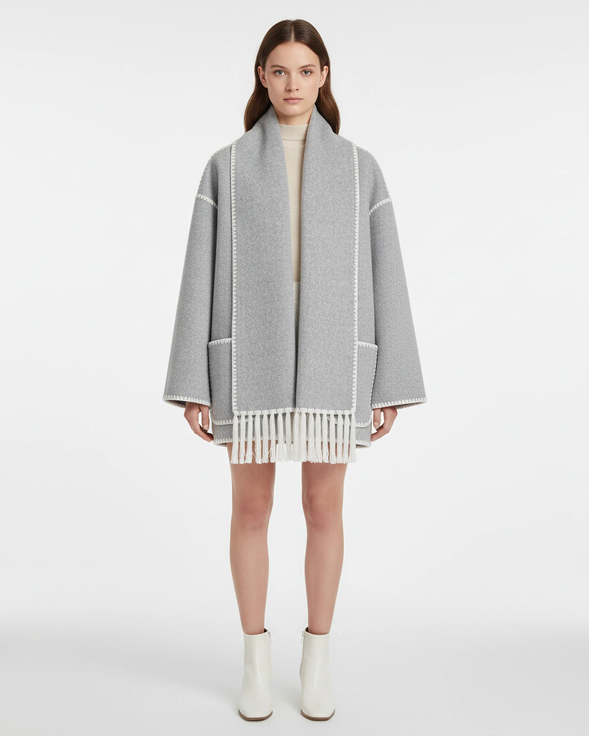 Women's Hooded Wool-Blend Cape Coat with Whipstitch Trim and Fringe Hem – Greta Jane
