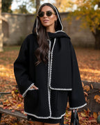 Women's Hooded Wool-Blend Cape Coat with Whipstitch Trim and Fringe Hem – Greta Jane