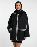 Women's Hooded Wool-Blend Cape Coat with Whipstitch Trim and Fringe Hem – Greta Jane