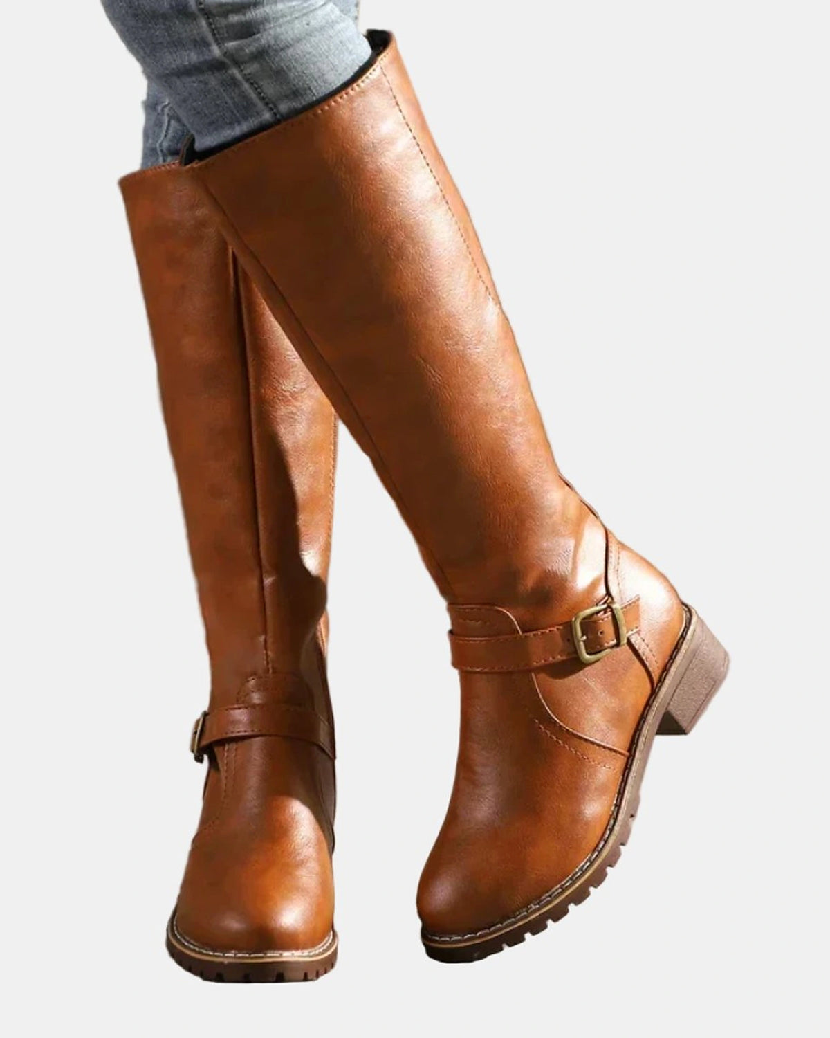 Women's Knee High Boots with Buckle Strap Detail and Low Block Heel – Kaia Jane