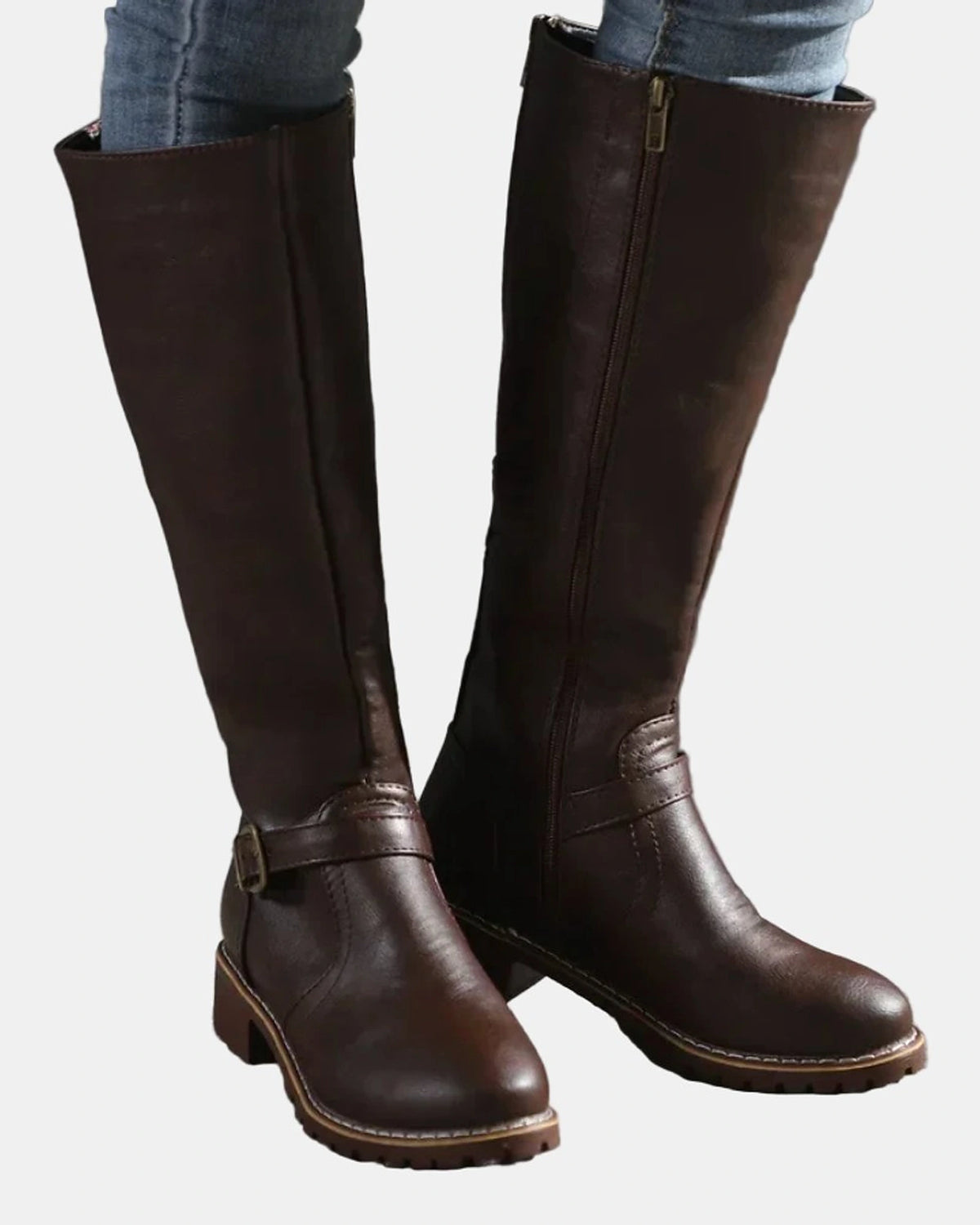 Women's Knee High Boots with Buckle Strap Detail and Low Block Heel – Kaia Jane