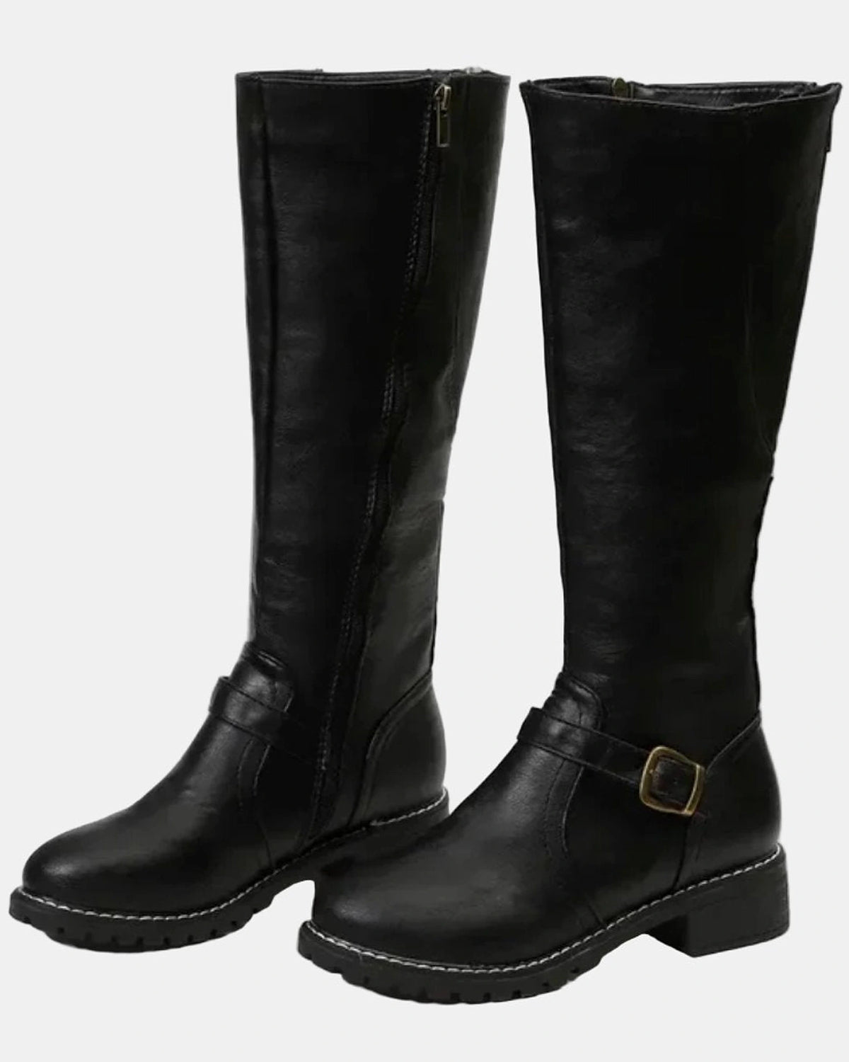 Women's Knee High Boots with Buckle Strap Detail and Low Block Heel – Kaia Jane