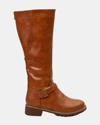 Women's Knee High Boots with Buckle Strap Detail and Low Block Heel – Kaia Jane