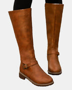 Women's Knee High Boots with Buckle Strap Detail and Low Block Heel – Kaia Jane