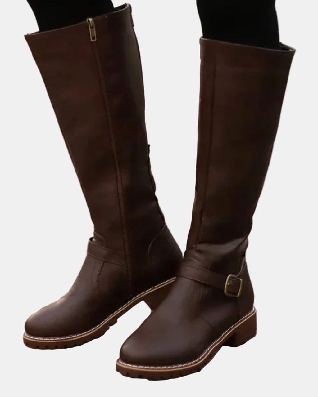 Women's Knee High Boots with Buckle Strap Detail and Low Block Heel – Kaia Jane