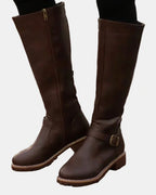 Women's Knee High Boots with Buckle Strap Detail and Low Block Heel – Kaia Jane