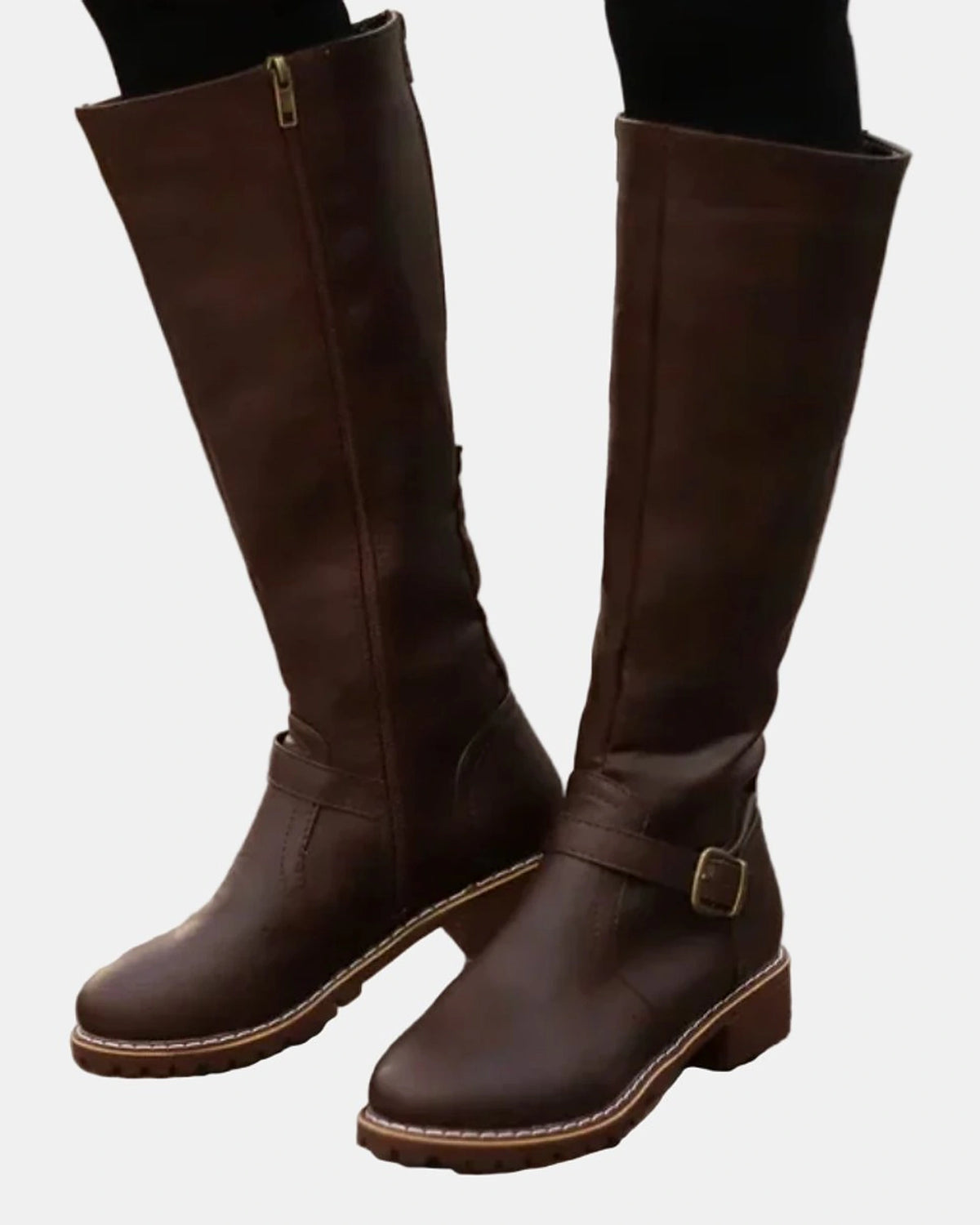 Women's Knee High Boots with Buckle Strap Detail and Low Block Heel – Kaia Jane