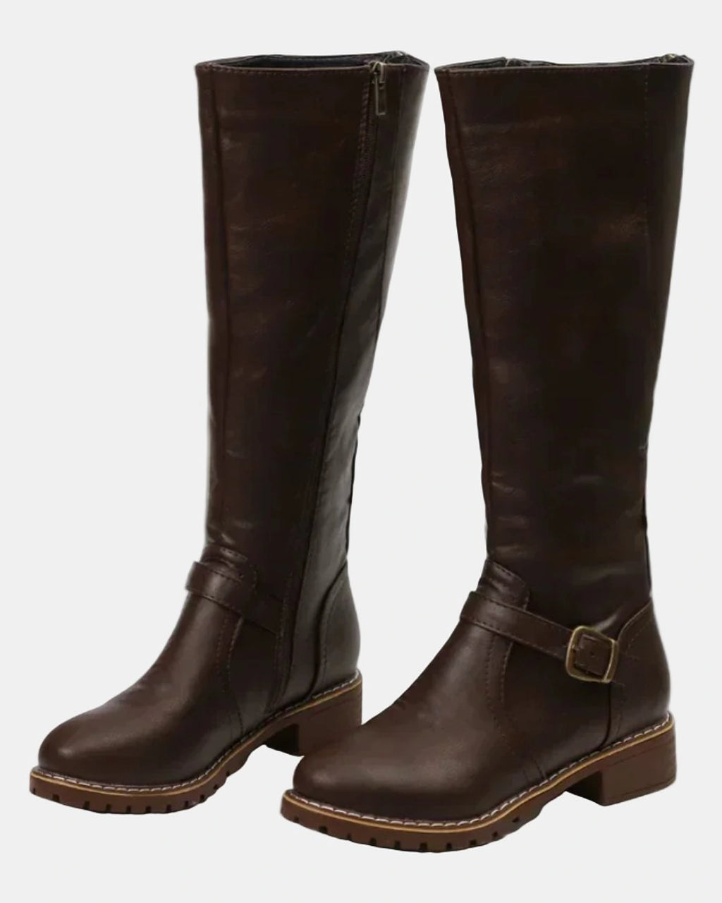 Women's Knee High Boots with Buckle Strap Detail and Low Block Heel – Kaia Jane