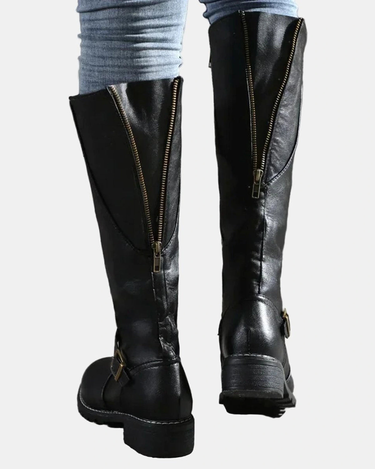 Women's Knee High Boots with Buckle Strap Detail and Low Block Heel – Kaia Jane