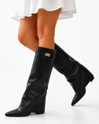 Women's Knee High Boots in Black Vegan Leather with Fold-Over Top and Pointed Toe – Thea