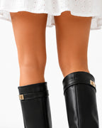 Women's Knee High Boots in Black Vegan Leather with Fold-Over Top and Pointed Toe – Thea