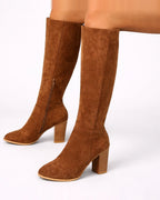 Women's Knee High Boots in Suede-Effect with Block Heel and Side Zip – Odette