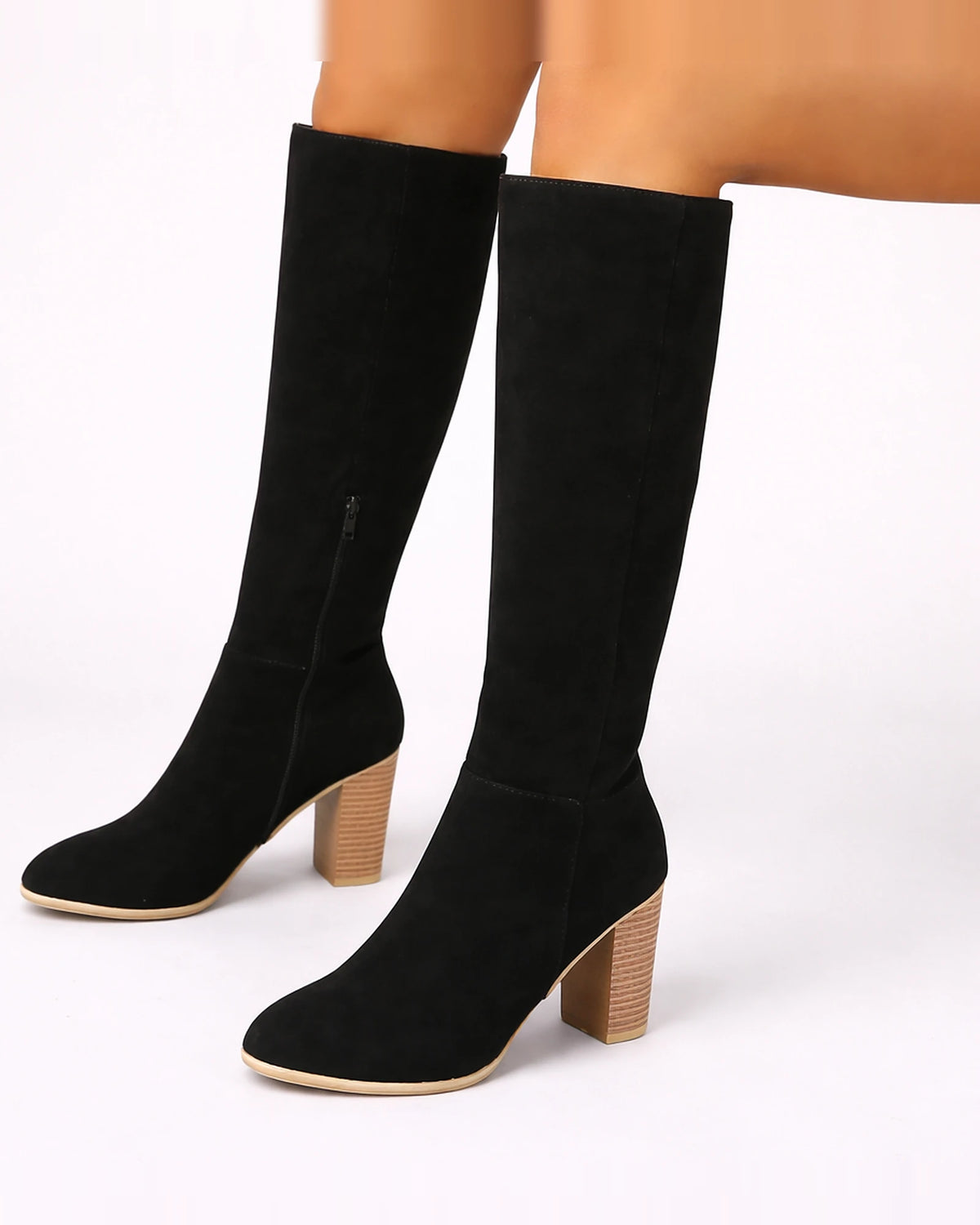 Women's Knee High Boots in Suede-Effect with Block Heel and Side Zip – Odette