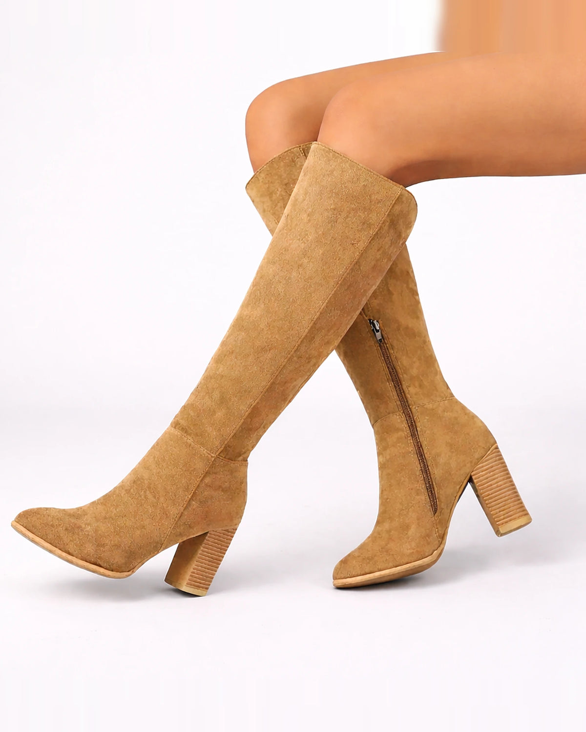 Women's Knee High Boots in Suede-Effect with Block Heel and Side Zip – Odette