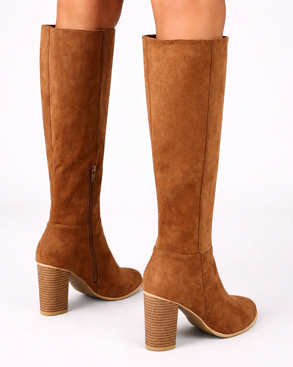 Women's Knee High Boots in Suede-Effect with Block Heel and Side Zip – Odette