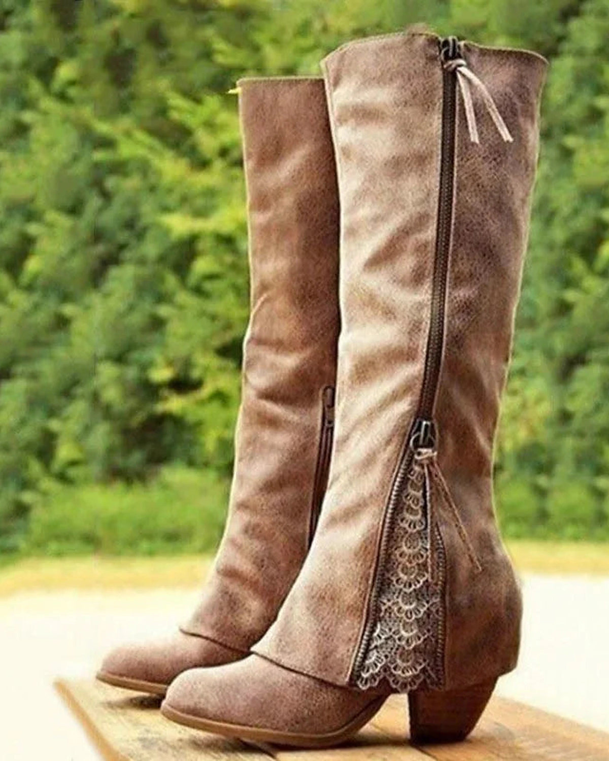 Women's Lace Panel Knee High Boots with Stacked Block Heel – Kaia Mae
