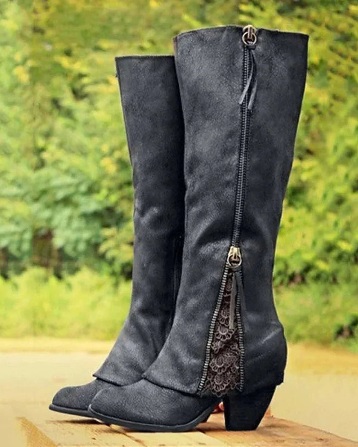 Women's Lace Panel Knee High Boots with Stacked Block Heel – Kaia Mae
