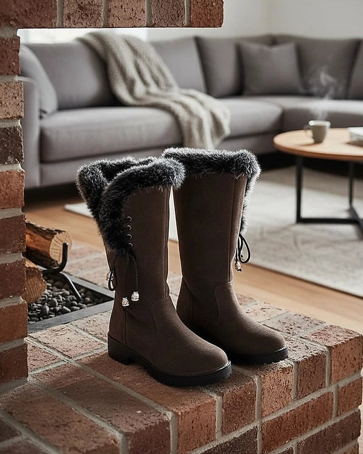 Women's Lace-Up Faux Fur Trim Tall Snow Boots with Chunky Grip Sole – Heidi Mae