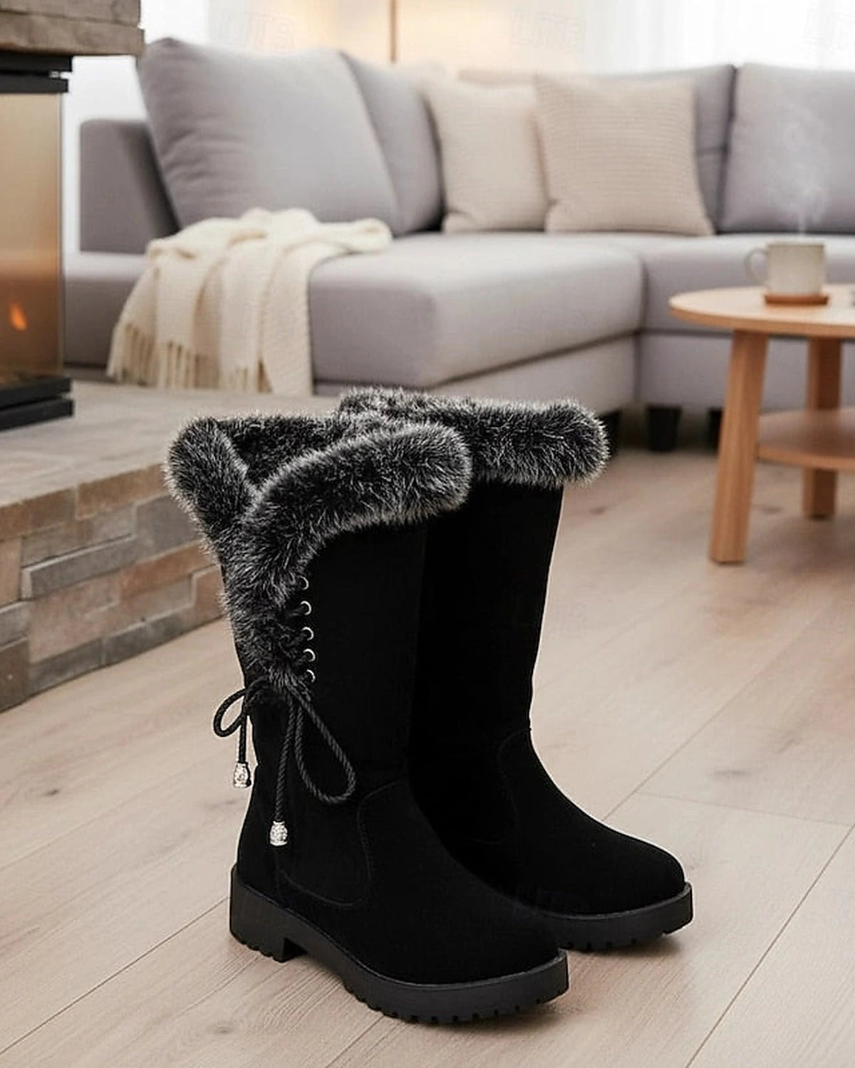 Women's Lace-Up Faux Fur Trim Tall Snow Boots with Chunky Grip Sole – Heidi Mae