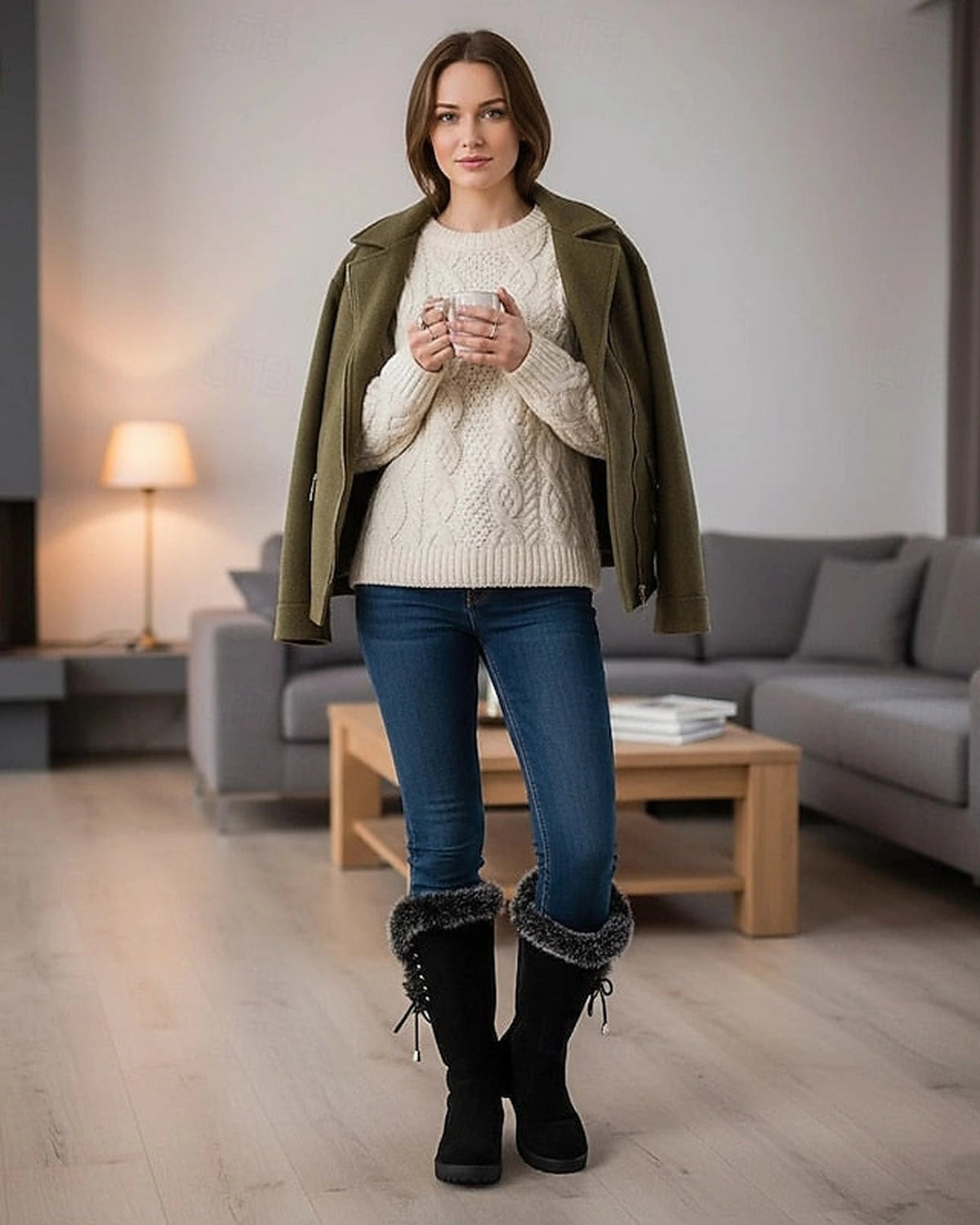 Women's Lace-Up Faux Fur Trim Tall Snow Boots with Chunky Grip Sole – Heidi Mae