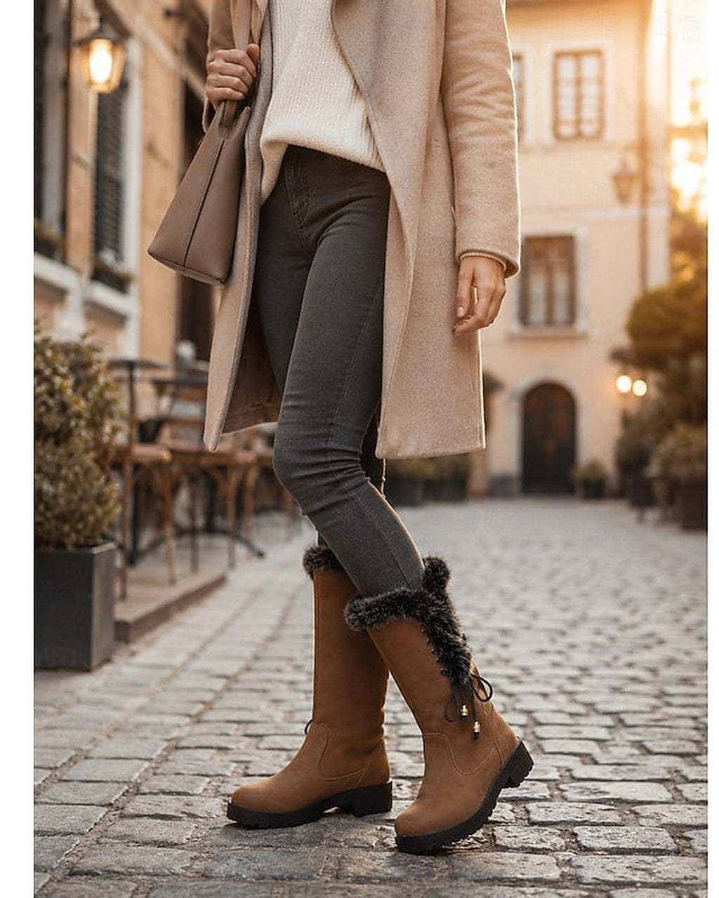 Women's Lace-Up Faux Fur Trim Tall Snow Boots with Chunky Grip Sole – Heidi Mae