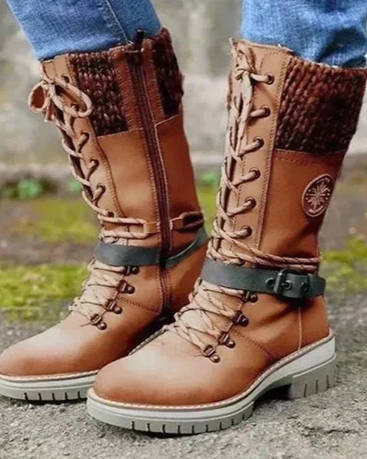 Women's Lace-Up Knee High Boots with Buckled Ankle Strap and Knit Cuff – Maya Belle