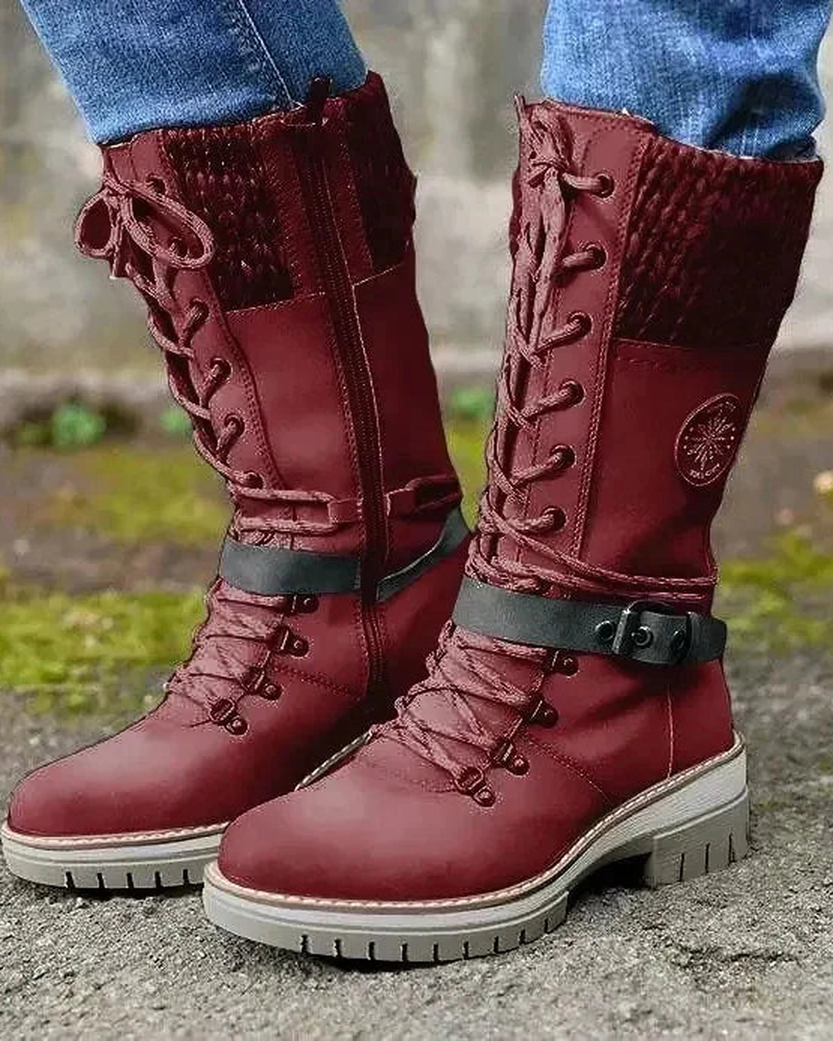 Women's Lace-Up Knee High Boots with Buckled Ankle Strap and Knit Cuff – Maya Belle