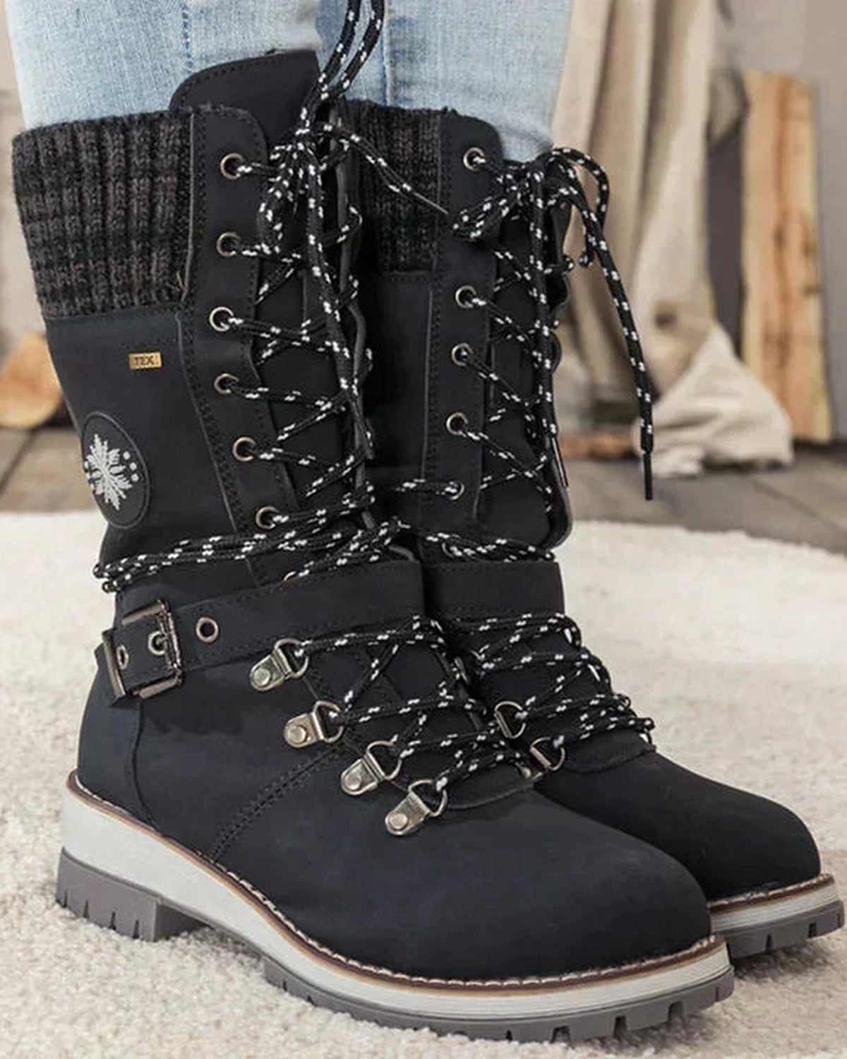 Women's Lace-Up Knee High Boots with Buckled Ankle Strap and Knit Cuff – Maya Belle