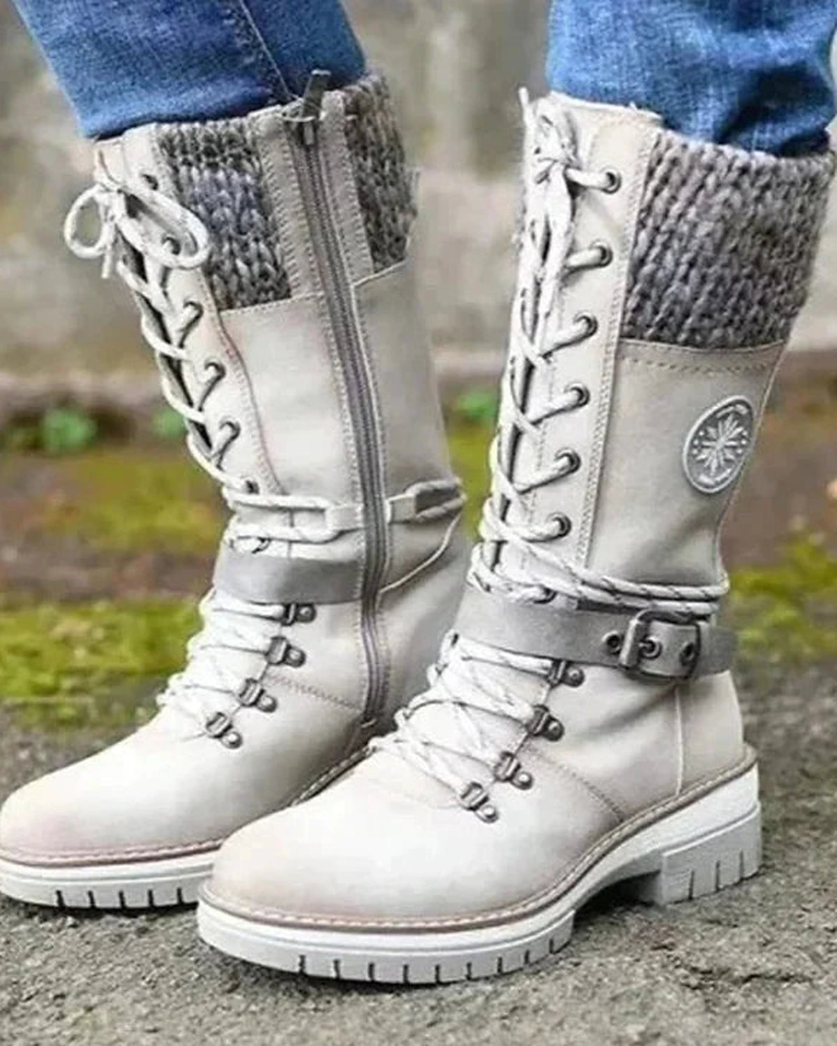 Women's Lace-Up Knee High Boots with Buckled Ankle Strap and Knit Cuff – Maya Belle