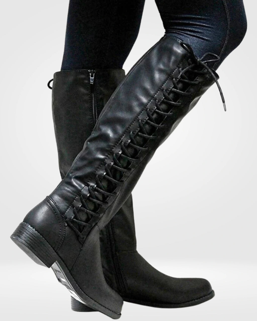 Women's Lace-Up Knee High Boots with Side Zip Fastening and Low Block Heel – Ella Grey